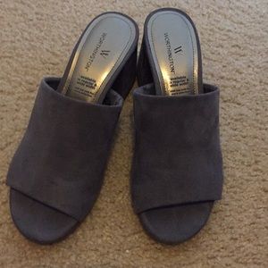 gray open toed mules